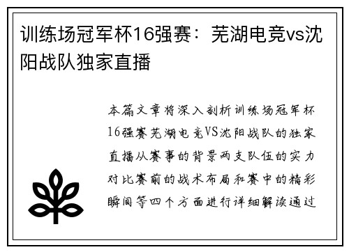 训练场冠军杯16强赛：芜湖电竞vs沈阳战队独家直播